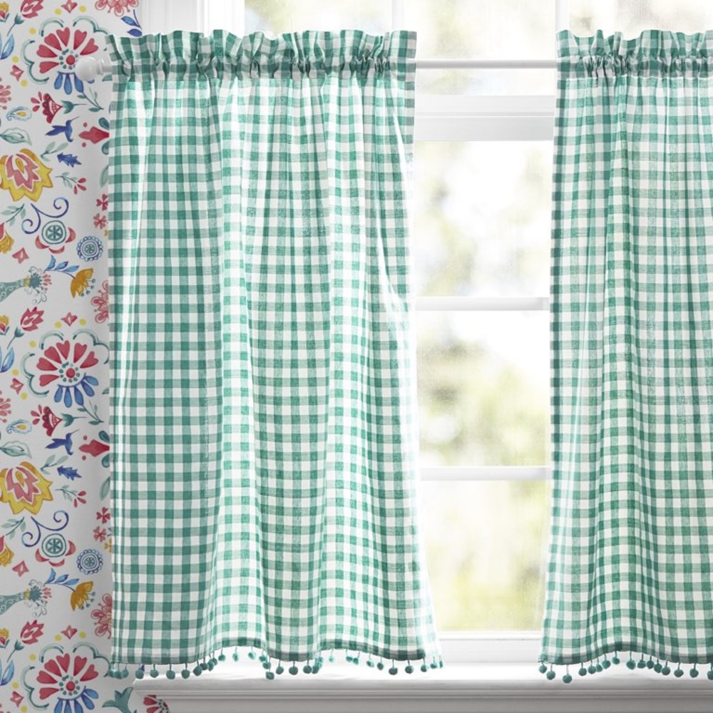 🌺 New Pioneer Woman Teal Blue Gingham 3 pc Kitchen Curtains And Valance Set - Picture 7 of 10
